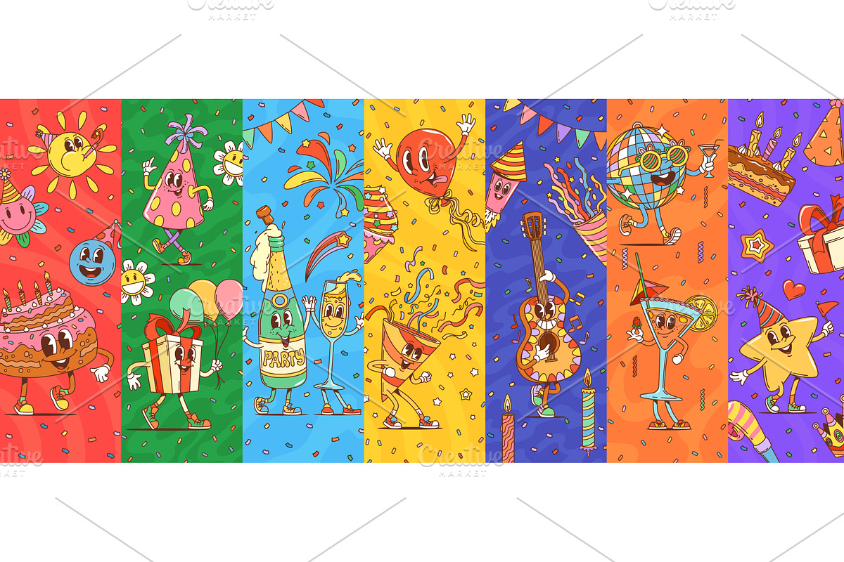 Cartoon groovy holiday characters, an Object Illustration by Vector Tradition