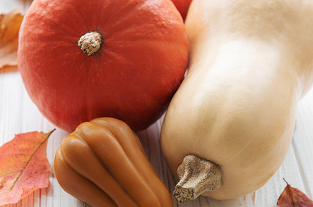 Autumn decorative pumpkins with fall leaves on wooden background, a Food & Drink Photo by Olena Rudo
