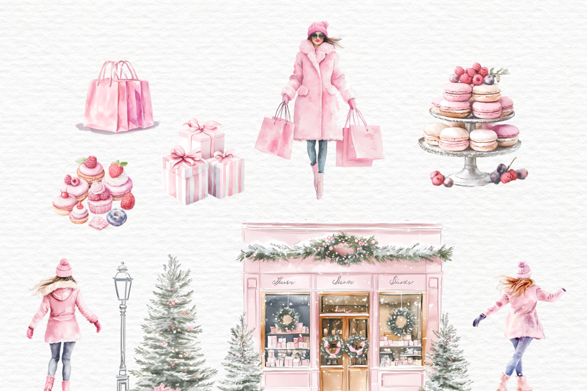 Watercolor pink girl winter Paris, a Person Illustration by Invite to Clipart (Photo 3 of 12)