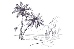 Palm tree landscape. Sketch tropical, an Illustration by YummyBuum