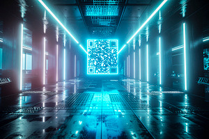 Futuristic neon corridor vision with qr panel at background, a Photo by DanFLCreativo