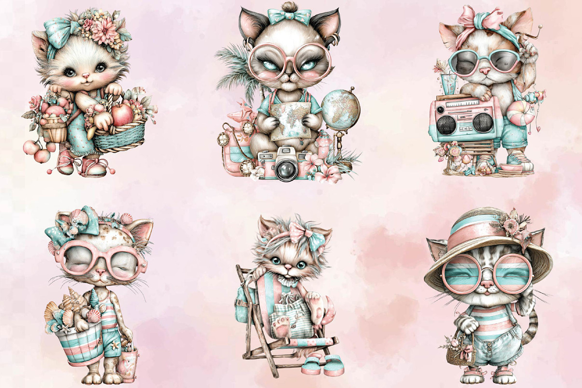 Whimsical Summer Cat Clipart, an Animal Illustration by SVGArt (Photo 3 of 9)