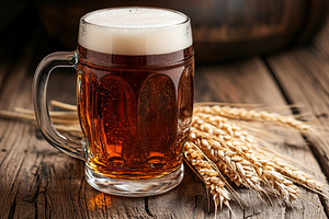 Glass of cold and fresh beer with wheat ears on wooden table, a Food & Drink Photo by AlyaAnd