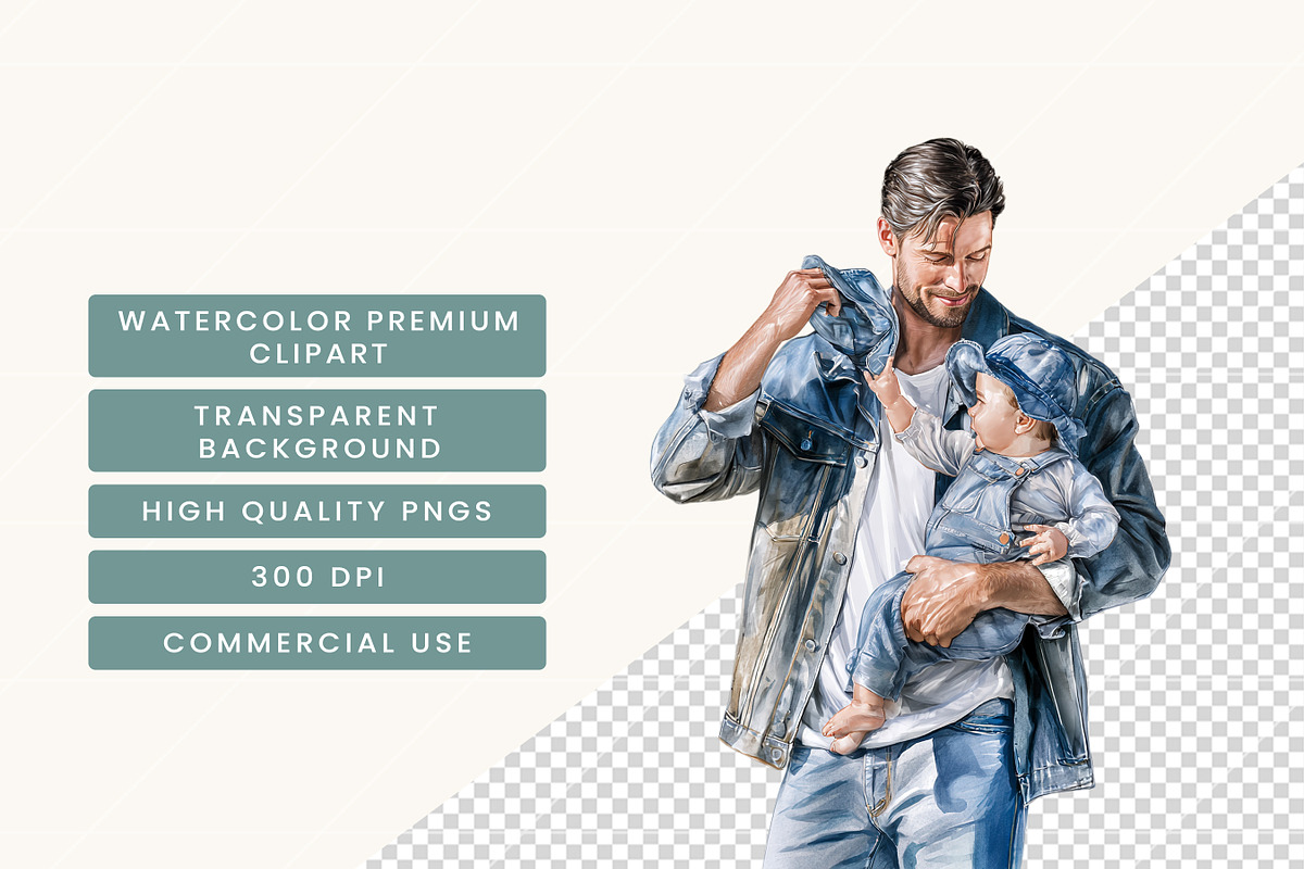 Watercolor Denim Dad & Baby Clipart, a Person Illustration by BusyDaydesign (Photo 7 of 9)