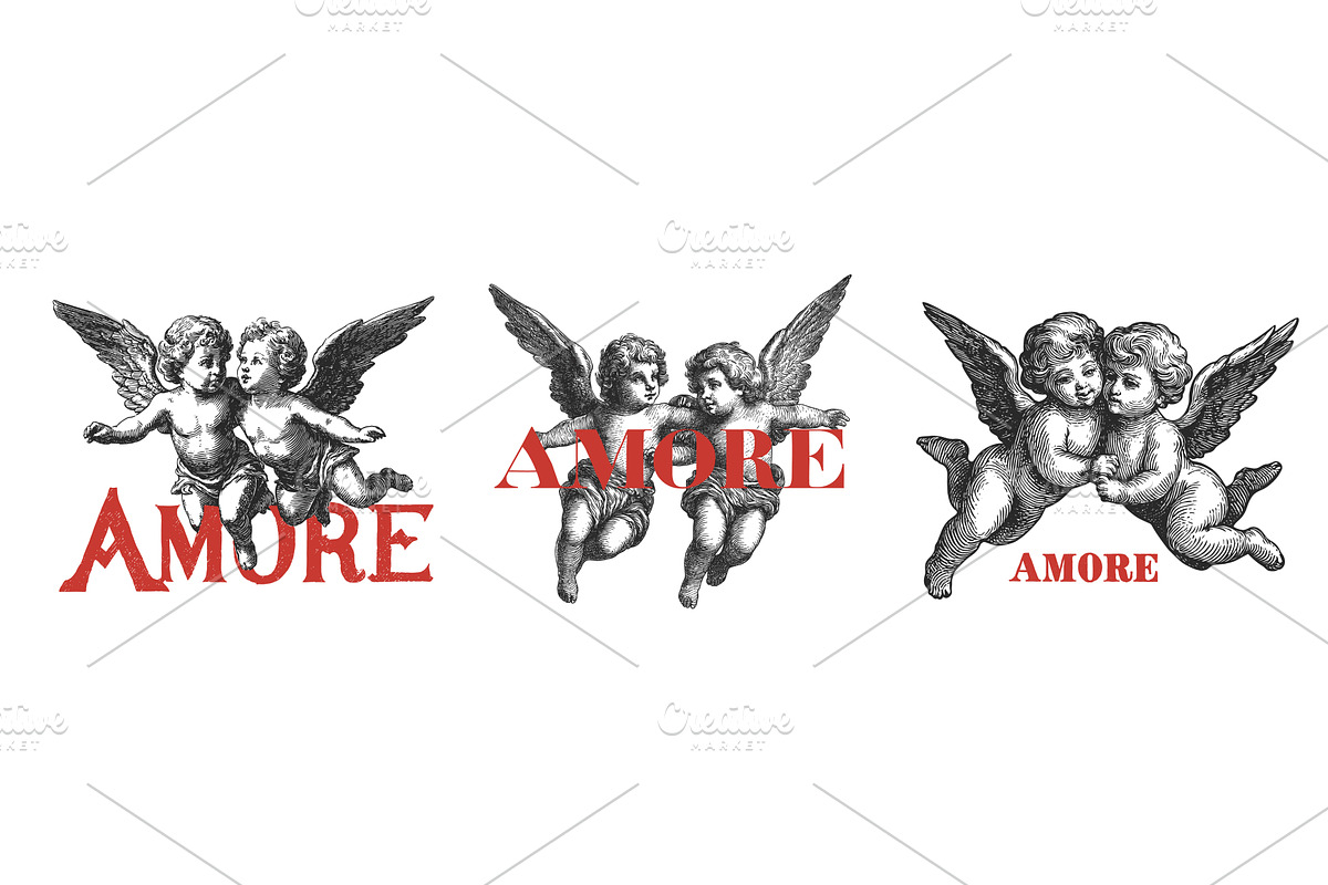Cupids engraving set. Cupid, AMORE, an Object Illustration by Stock-Smart-Start