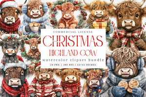 Christmas Highland Cow Clipart, an Illustration by SinaCreation