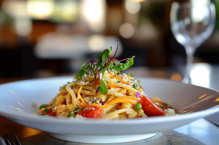 Delicious pasta dish garnished with, a Photo by Tanuart