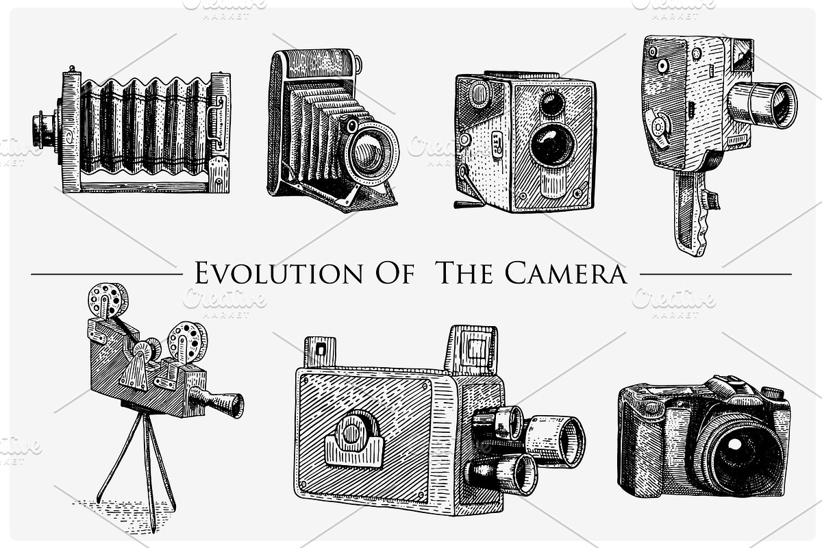 evolution of the photo, video, film, movie camera from first till now vintage, engraved hand drawn in sketch or wood cut style, old looking retro lens, isolated vector realistic illustration, an Object Illustration by Arthur Balitskiy