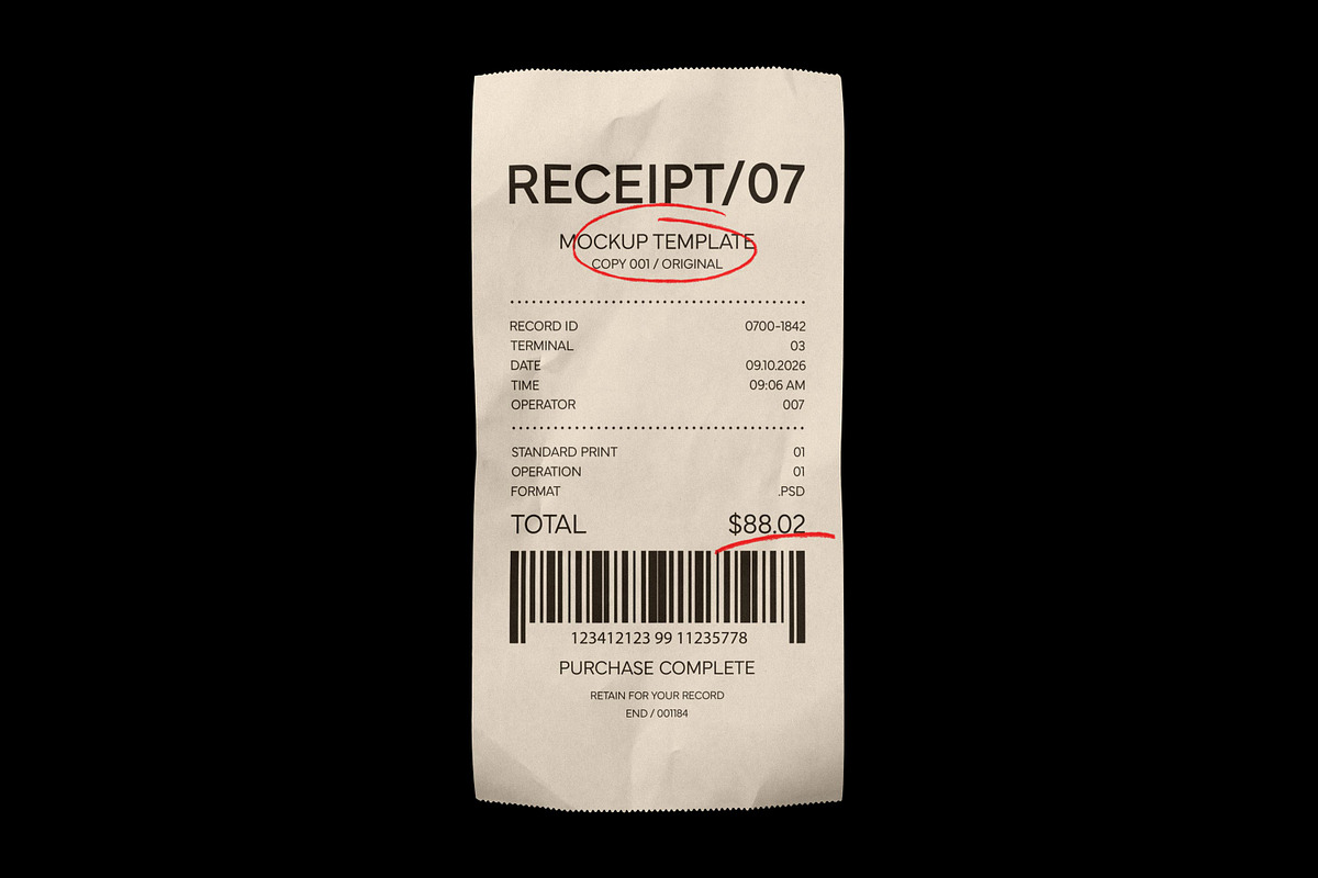 Сrumpled Receipt Mockup, a Merchandise Mockup by Design Squad (Photo 3 of 3)