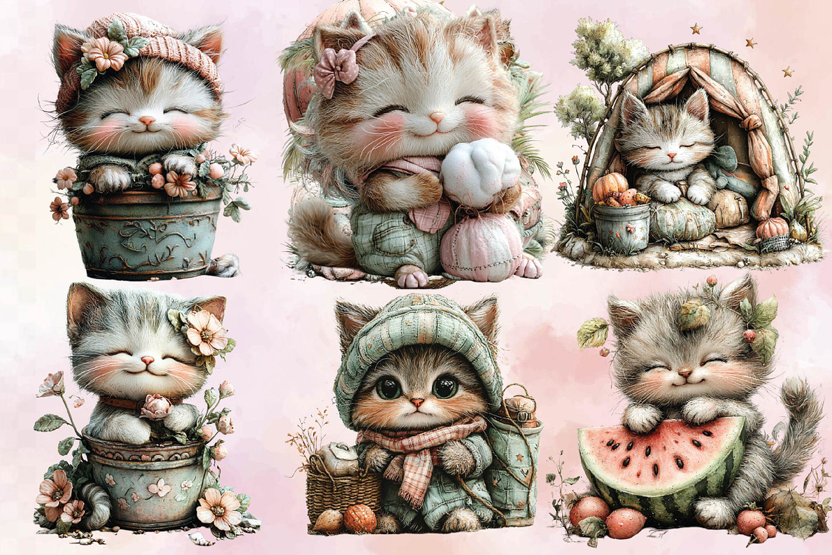 Whimsical Summer Cat Clipart Bundle, an Illustration by SVGArt (Photo 2 of 9)