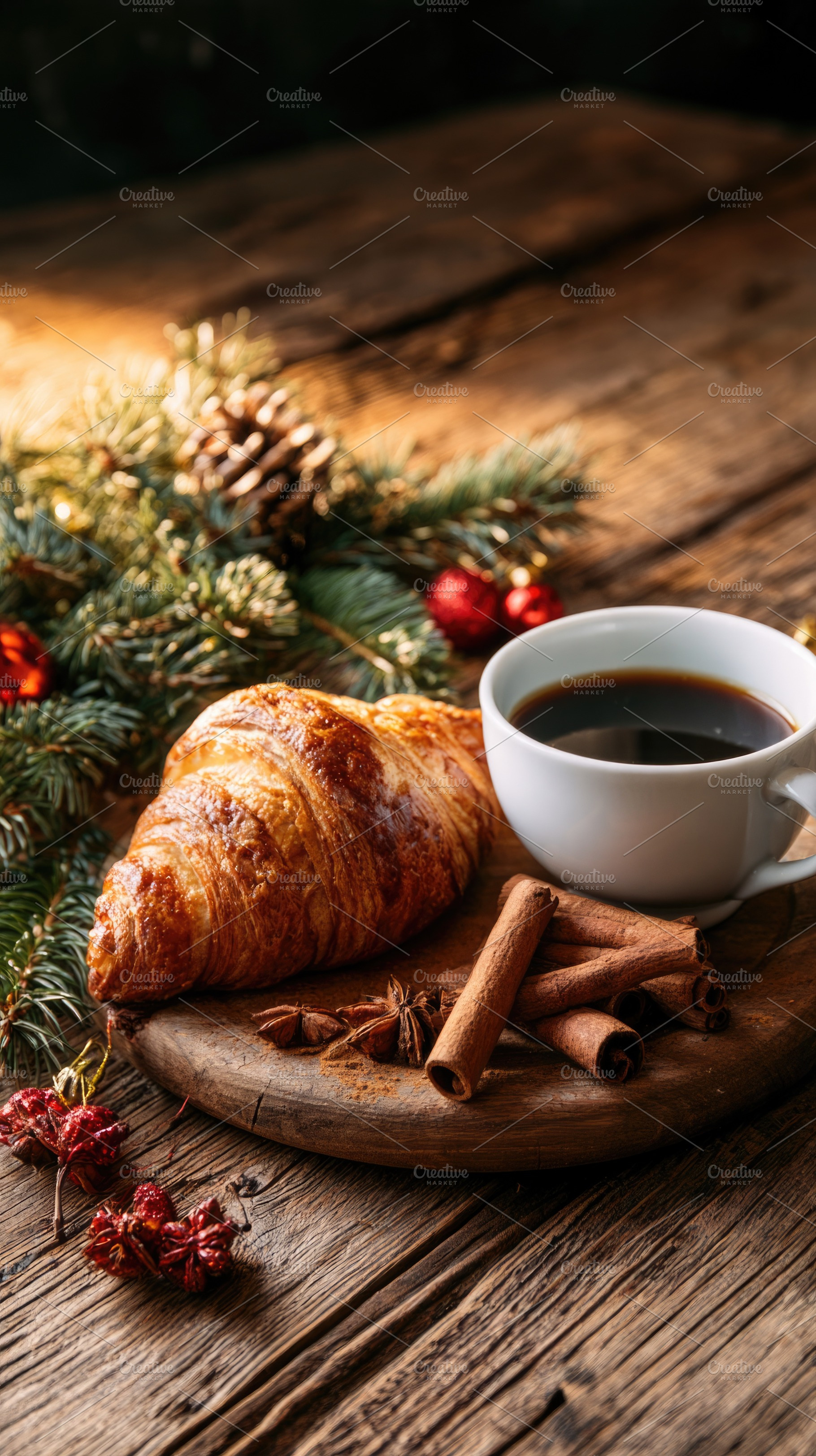 Christmas breakfast with croissant coffee and festive decoration, a Holiday Photo by José Manuel Gelpi