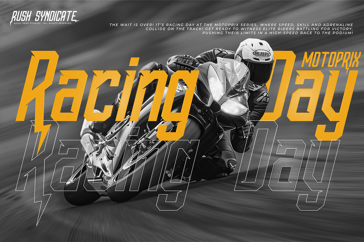 Rush Syndicate | Condensed Racing, a Sans Serif Font by Denustudios (Photo 5 of 12)