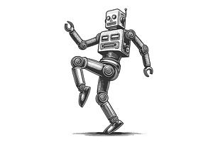 Dancing robot engraving sketch, a Technology Illustration by AlexArt