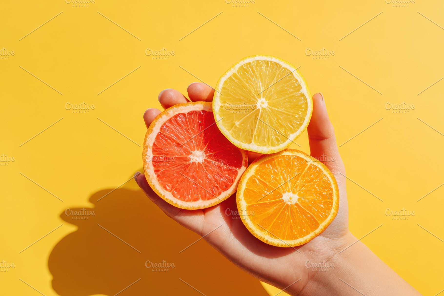 Hand holding three citrus halves on yellow background, a Food & Drink Photo by AlyaAnd