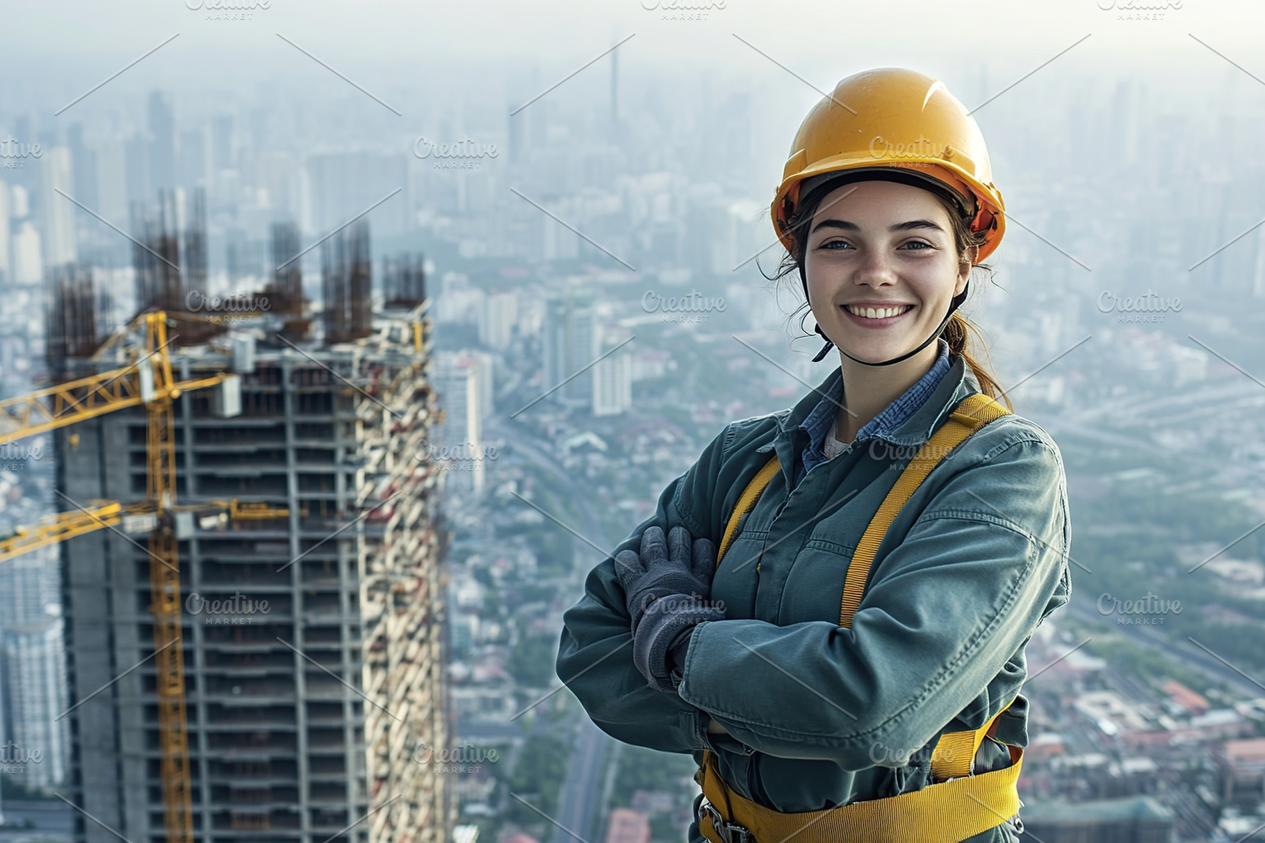 Female construction worker in uniform standing on unfinished building, an Industrial Photo by AlyaAnd