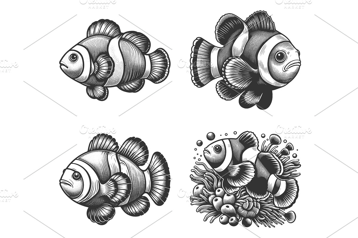 Clownfish engraving set vector, an Animal Illustration by AlexArt