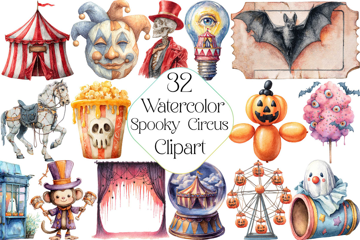Watercolor Spooky Circus Clipart, an Illustration by DreamPrint404 (Photo 1 of 5)