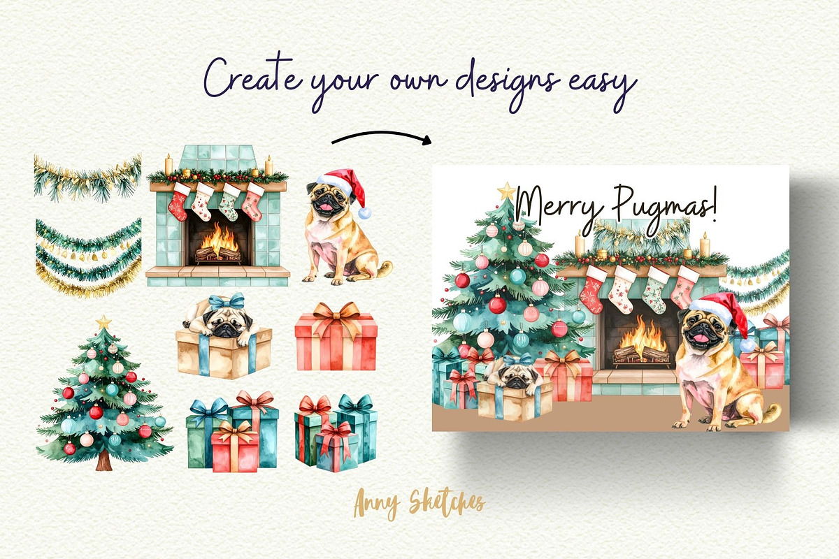 Retro Pugmas Clipart, a Seasonal Illustration by Anna Design Studio (Photo 8 of 12)