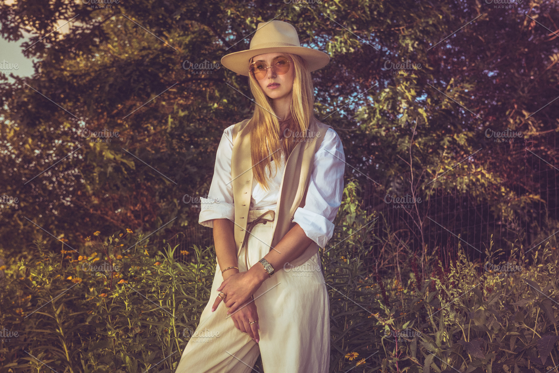 Woman wearing summer style white out containing wild, trail, and forest, a Person Photo by New York Art Store
