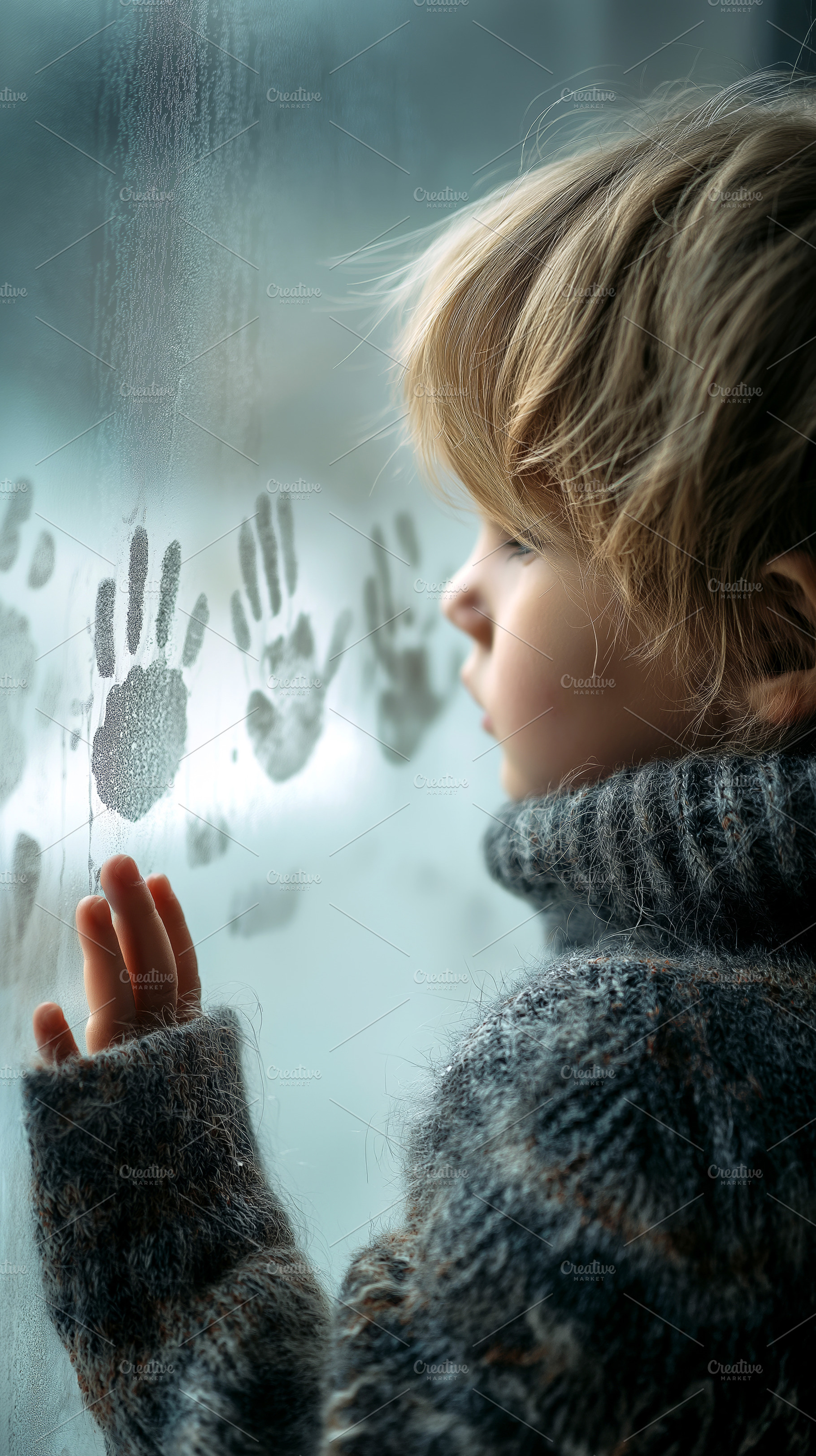 Child Exploring Frosty Window, a Person Photo by Ocean Digital Art