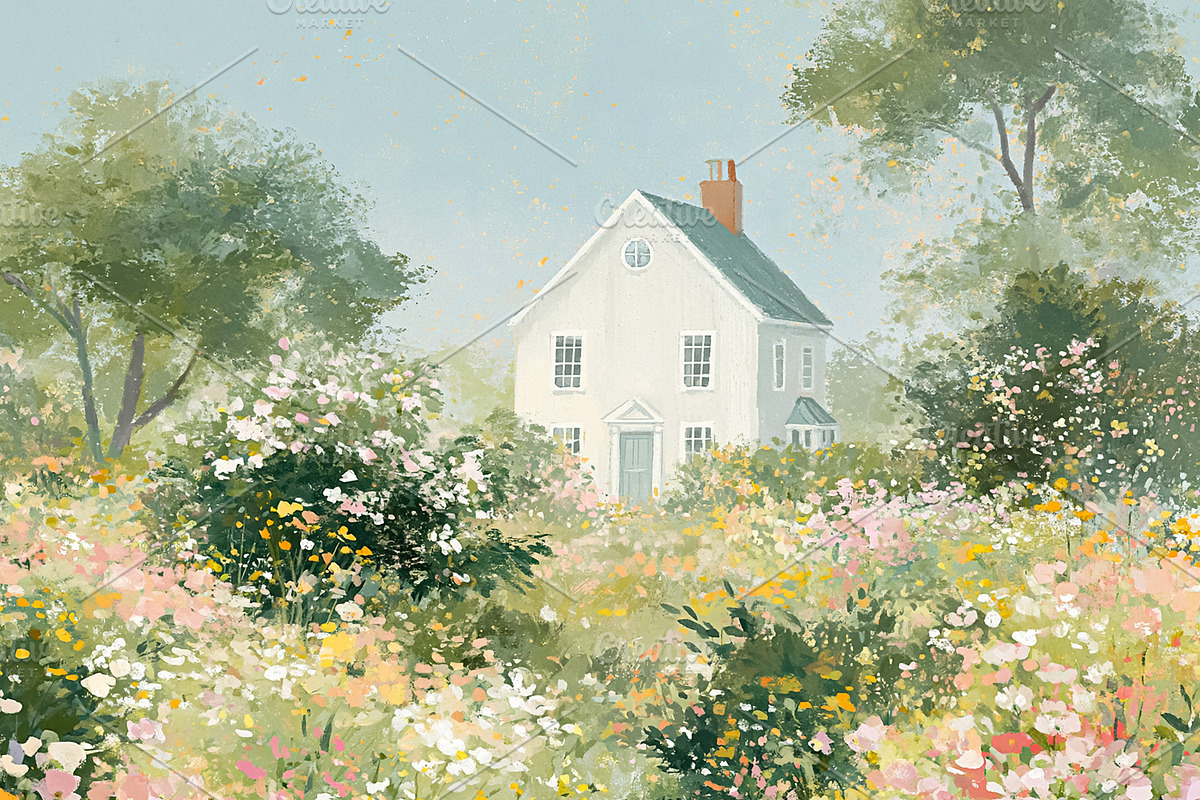 Countryside cottage nestled among wildflowers, a white picket fe, a Decorative Illustration by Studio ANNA