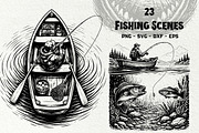 Fishing Scenes Engraving Graphics, a Sport Illustration by DENIDigitalArtSudio (Thumbnail 1 of 8)