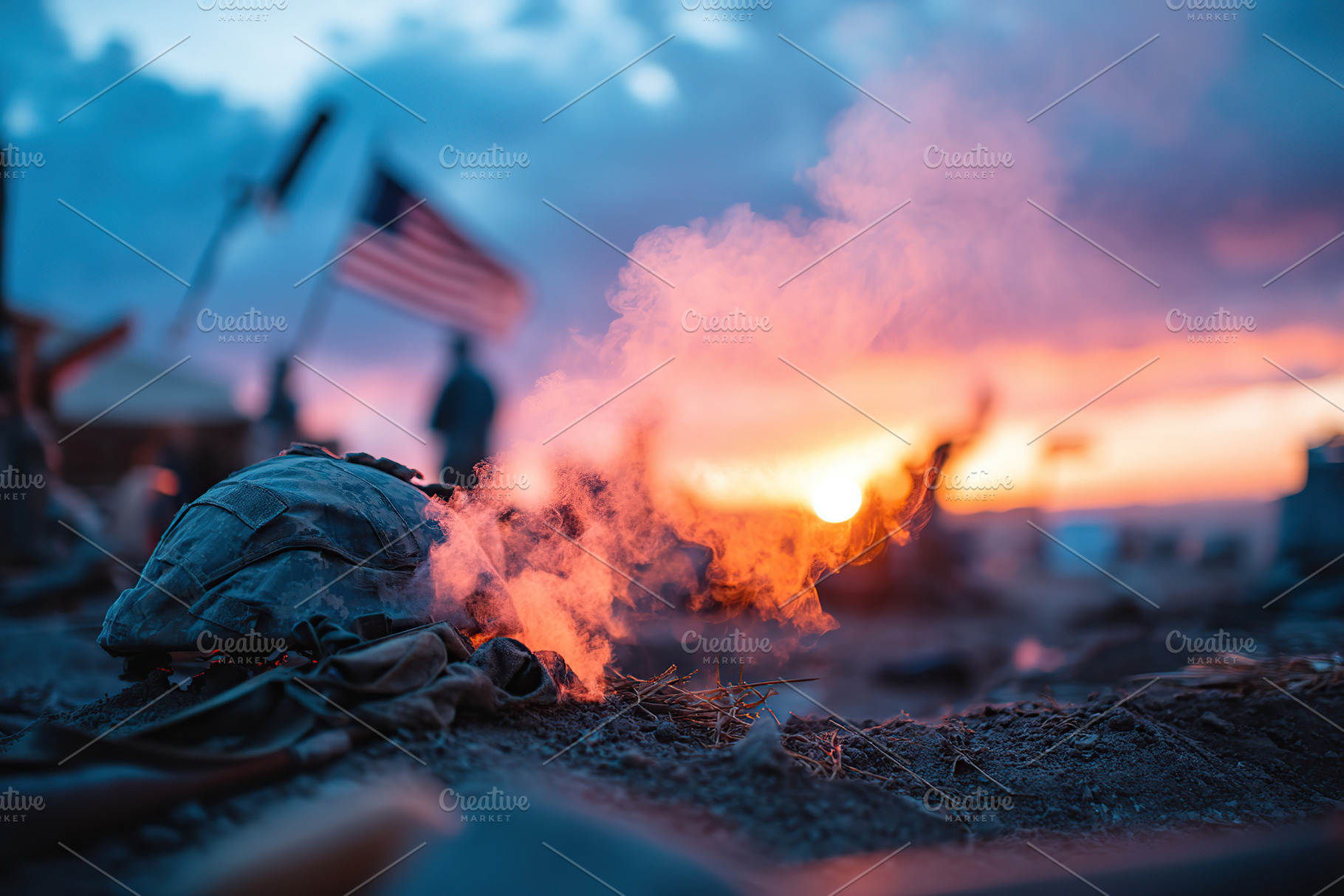 Moment of reflection on a battlefield as daylight fades after a fierce confront, an Abstract Photo by AlyaAnd