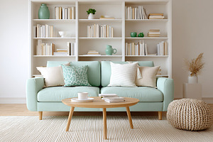 Cozy living room featuring a bookshelf wall with decorative elements and a comf, a Photo by AlyaAnd