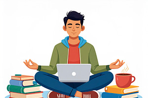 Student on the floor surrounded by notebooks, headphones, coffee, an Education Illustration by DanFLCreativo
