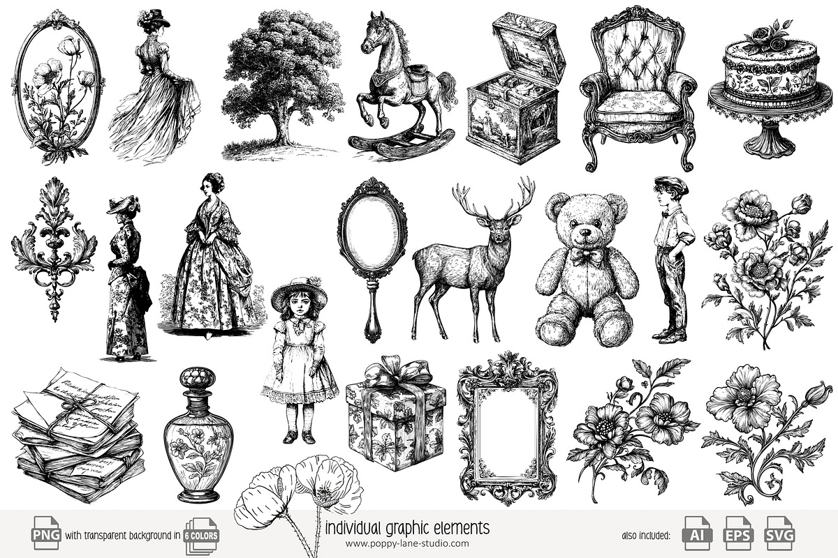 100 line art Victorian Era clip art, an Object Illustration by Poppy Lane Studio (Photo 9 of 13)