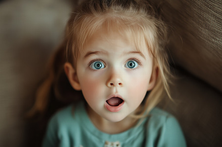 A surprised young girl with wide blue eyes and an open mouth, sitting on a couc, a Person Photo by Textures & Backgrounds