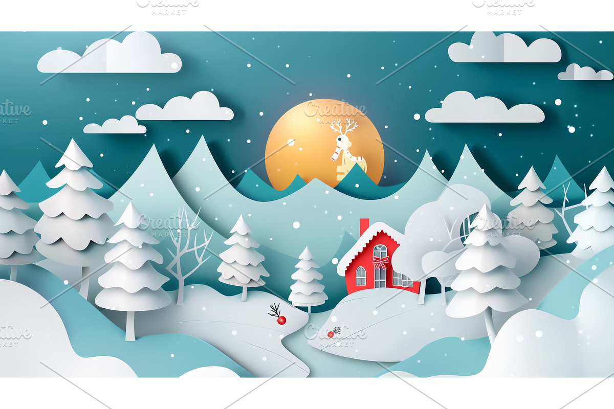 Christmas landscape with reindeer, an Illustration by Sergey Kotenev