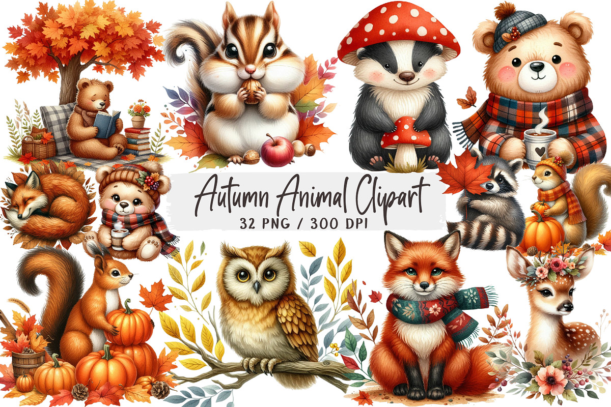 Autumn Animal Clipart, Fall Clipart, an Illustration by DreamArtGraphic (Photo 1 of 4)