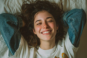 Happy woman in bed smiling carefree, a Photo by Pixeness Studio