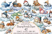 Watercolor Sleeping Animals Clipart, a Seasonal Illustration by Design Market (Thumbnail 1 of 5)