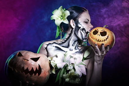 Girl with makeup for halloween stock photo containing flower and background, a Holiday Photo by Elena Vagengeim