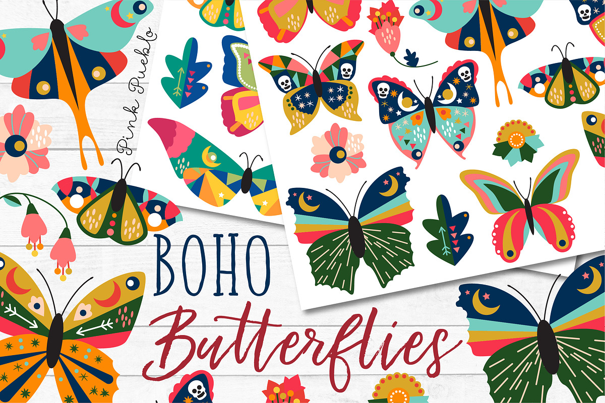 Boho Butterfly Clipart and Vectors, an Illustration by PinkPueblo (Photo 1 of 3)