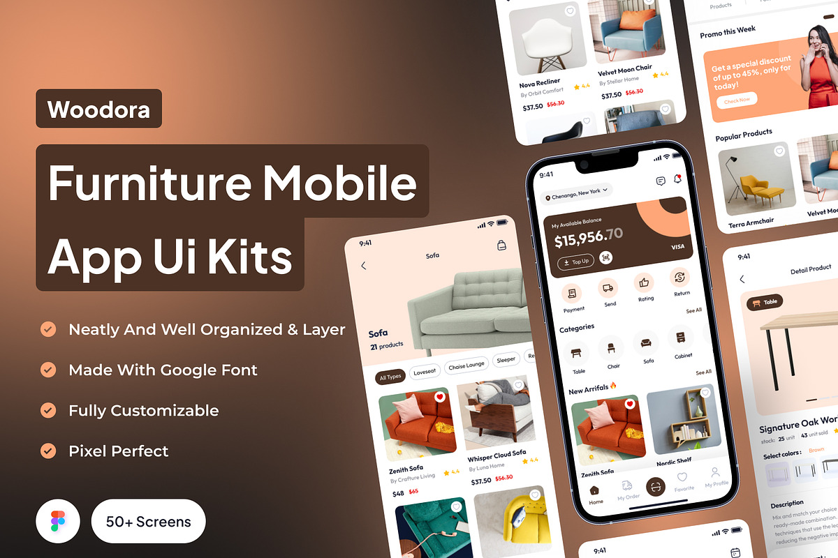 Woodora - Furniture Mobile App, an UI Kit Template by Minialis (Photo 1 of 6)