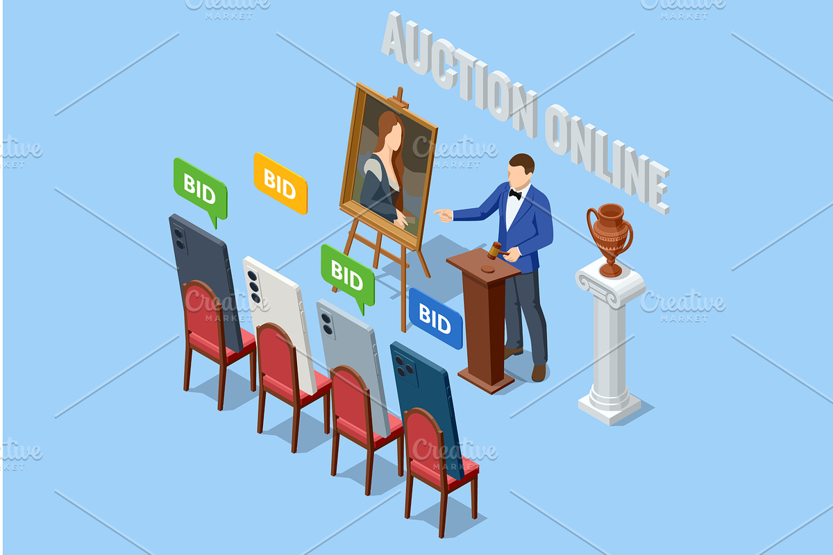 Isometric online auction scene with, a Finance Illustration by Golden Sikorka