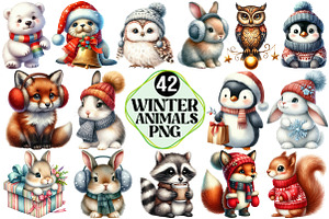 Cute Winter Animals Clipart, an Illustration by Pixels.Craft