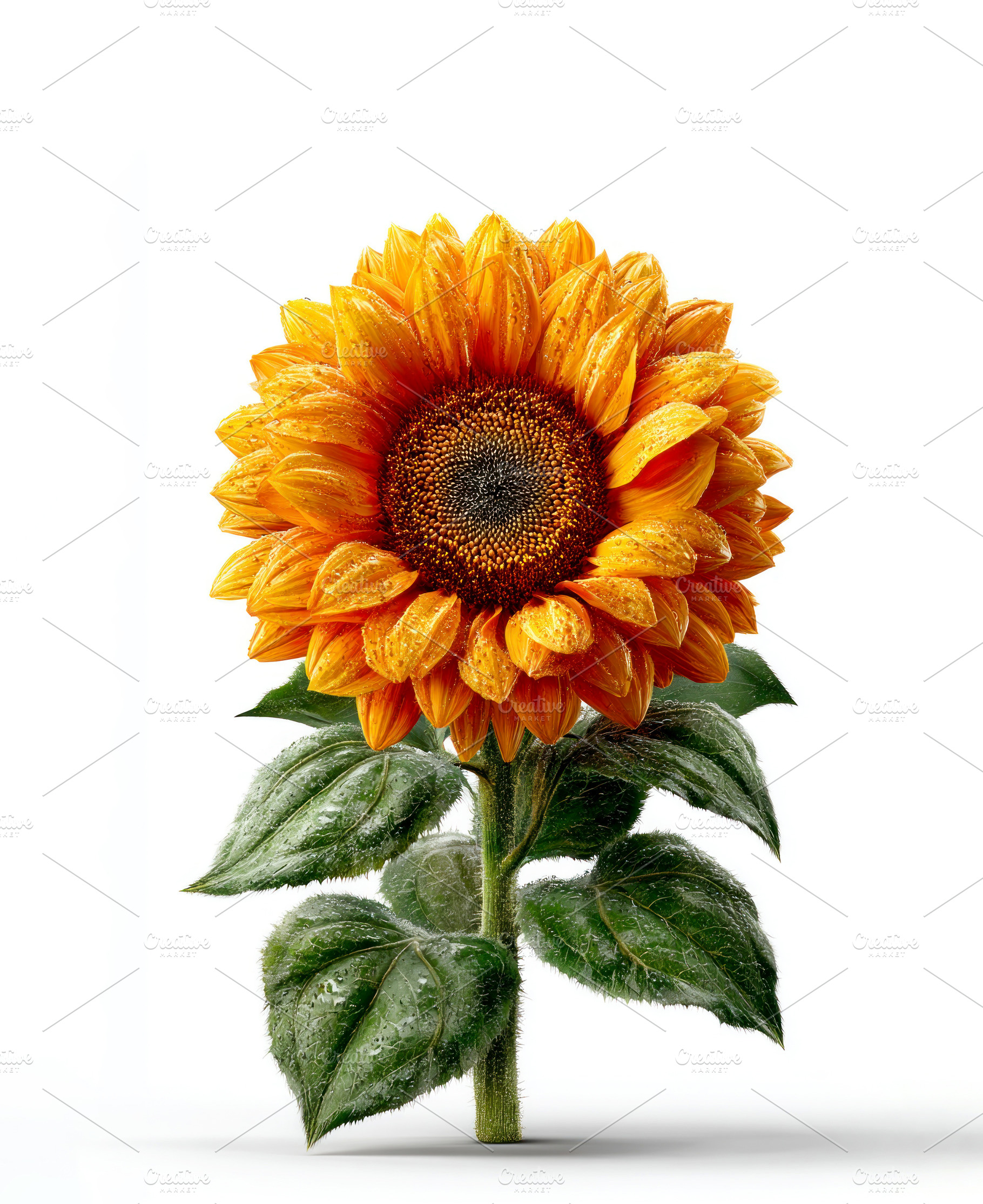 Single vibrant sunflower with dew-covered petals and leaves isol, a Nature Photo by José Manuel Gelpi