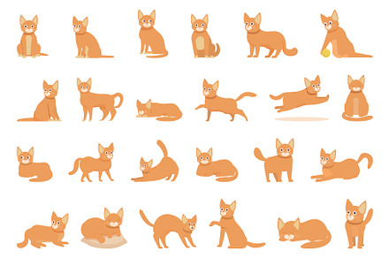 Abyssinian cat icons set cartoon, an Animal Illustration by Ylivdesign