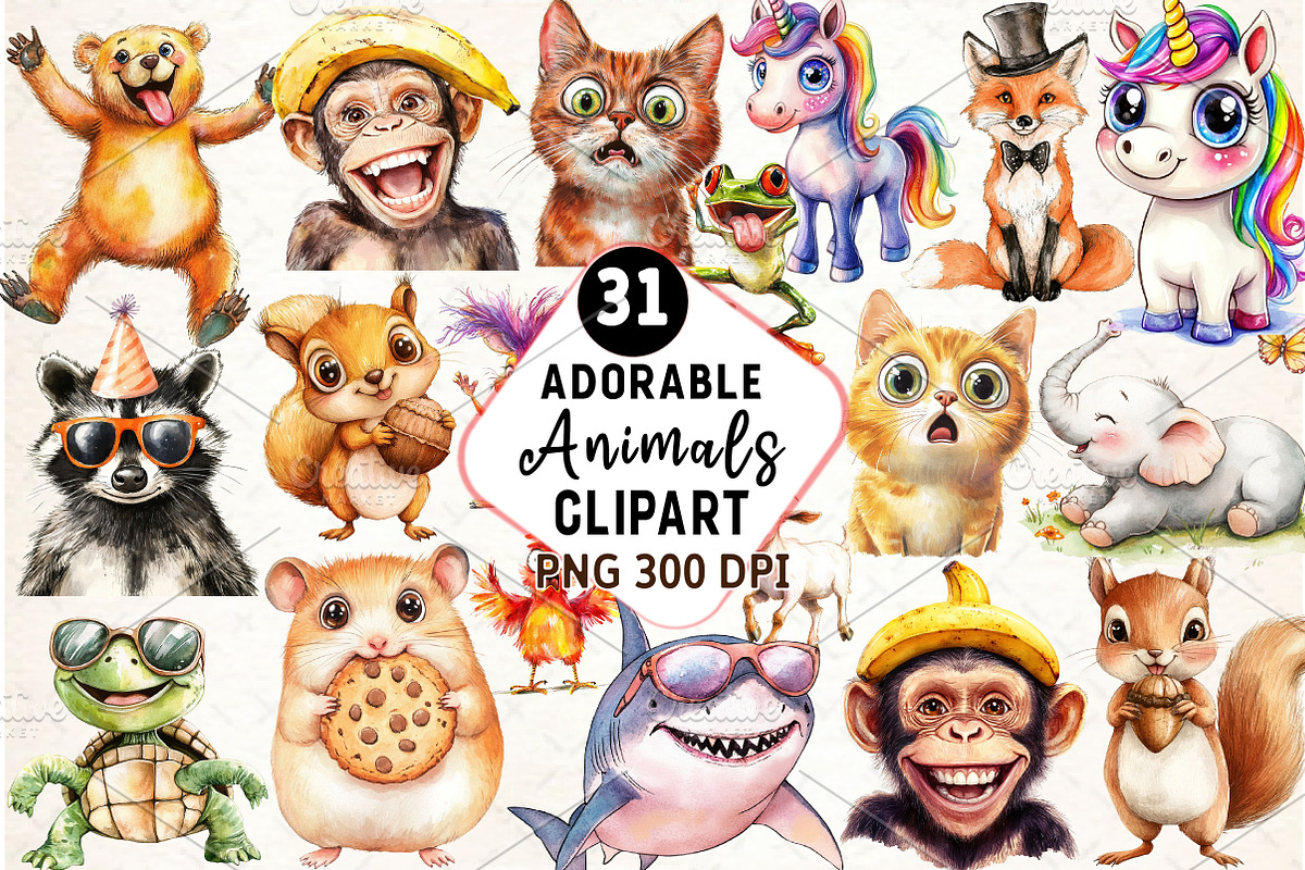 Adorable Crazy Animal Clipart, an Illustration by Watercolor design (Photo 1 of 4)