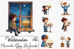 Menorah Boy, Hanukkah Art, Jewish, an Illustration by CrexoraLab