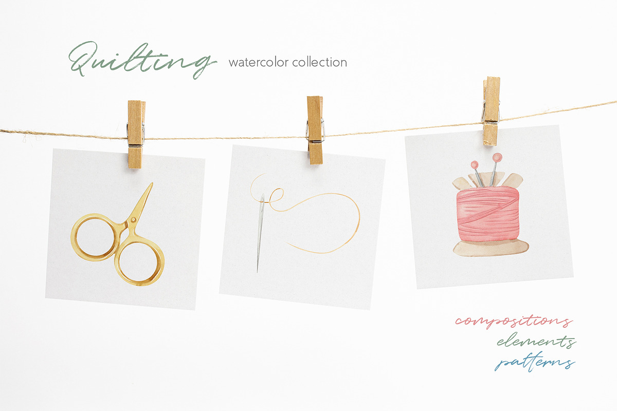 Quilting and Patchwork Clipart, an Illustration by Julia M. Watercolor (Photo 7 of 7)