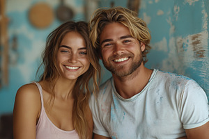 A cheerful young couple, a woman with long hair and a man with tousled blonde l, a Person Photo by ImageMir