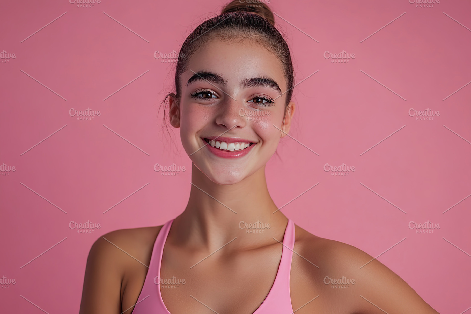 Fitness woman, athletic girl on pink background, a Photo by AlyaAnd