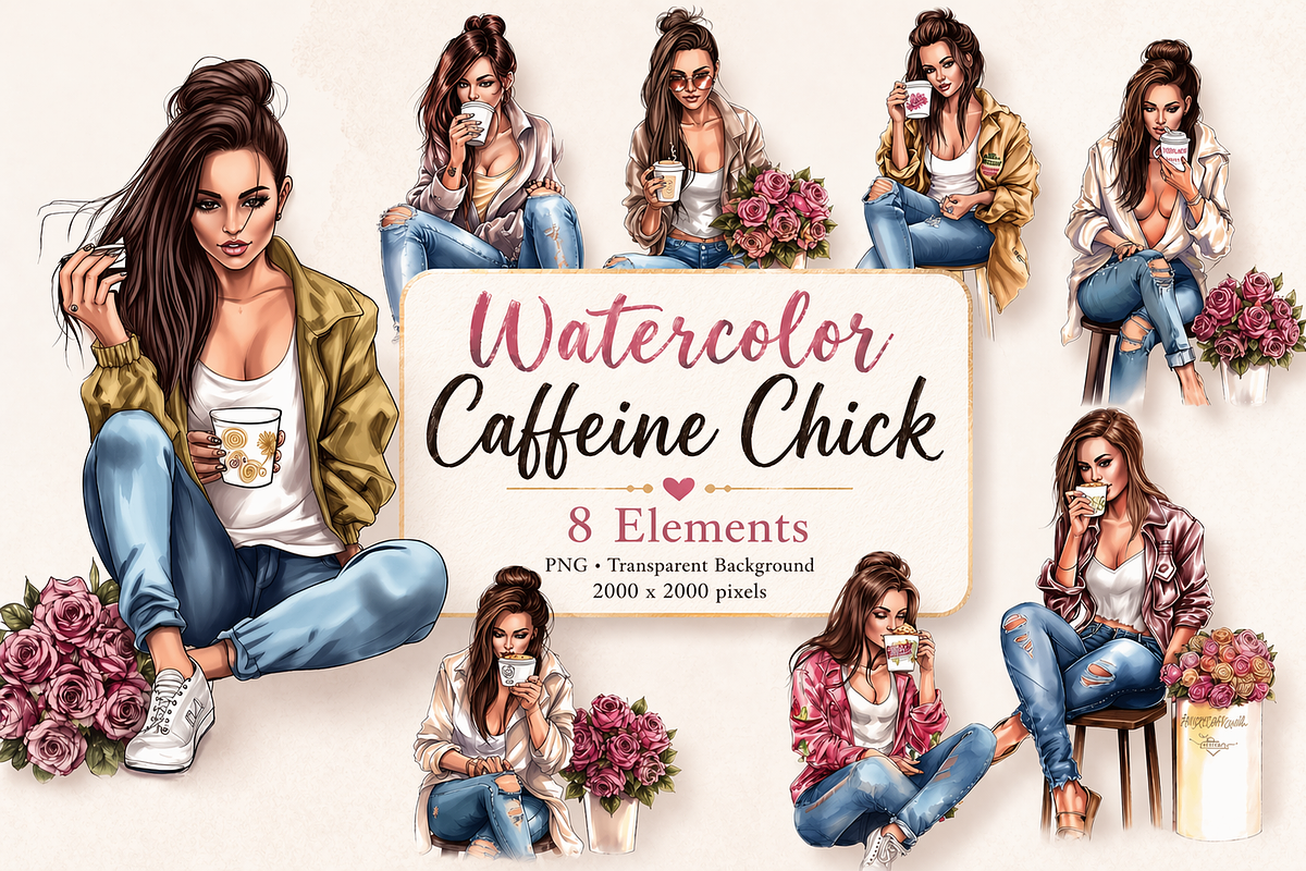 8 Watercolor Coffee Fashion Girl PNG, a Decorative Illustration by Jalina Clipart Studio (Photo 2 of 7)