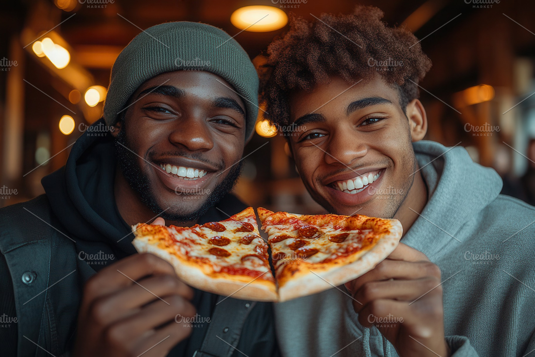 Friends enjoy delicious pizza togeth, a Photo by Tanuart
