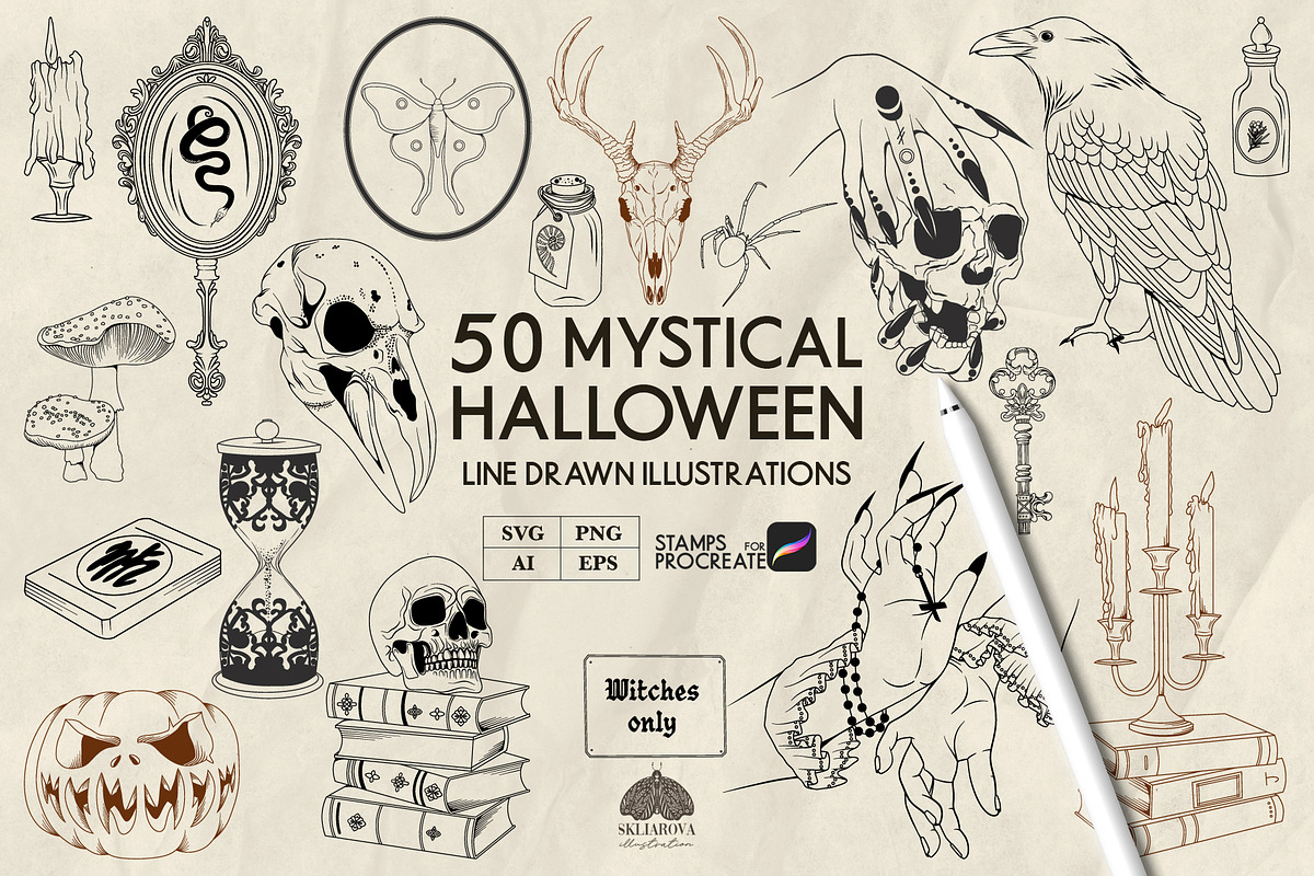 Mystic Halloween LineArt + Procreate, an Object Illustration by Skliarova (Photo 1 of 7)